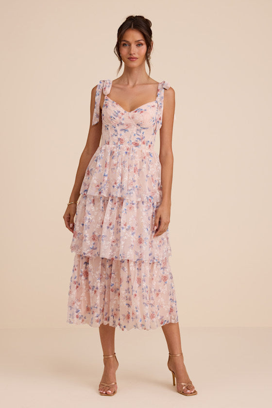 Flirtatious Radiance Blush Pink Floral Mesh Bustier Midi Dress