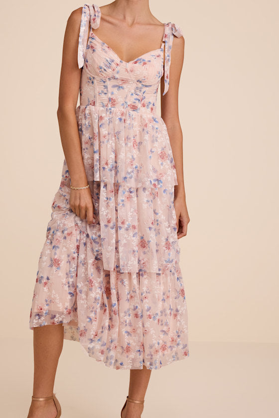 Flirtatious Radiance Blush Pink Floral Mesh Bustier Midi Dress