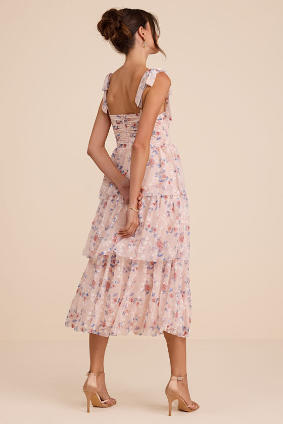 Flirtatious Radiance Blush Pink Floral Mesh Bustier Midi Dress