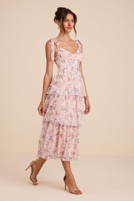 Flirtatious Radiance Blush Pink Floral Mesh Bustier Midi Dress