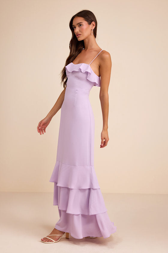 Lively Evenings Lavender Sleeveless Tiered Maxi Dress