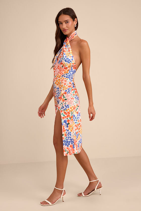 Bold Presence Orange Multi Floral Satin Halter Midi Dress