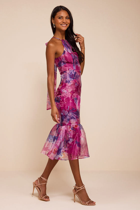 Admirable Essence Magenta Floral Organza Trumpet Midi Dress