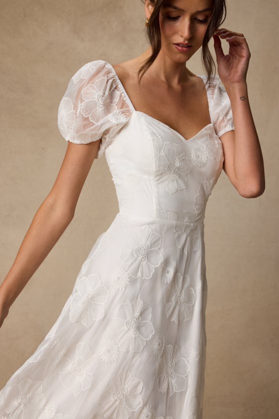 Sweetest Behavior White Embroidered Puff Sleeve Midi Dress