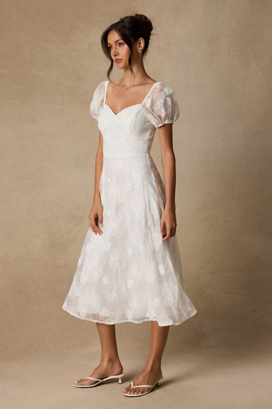 Sweetest Behavior White Embroidered Puff Sleeve Midi Dress