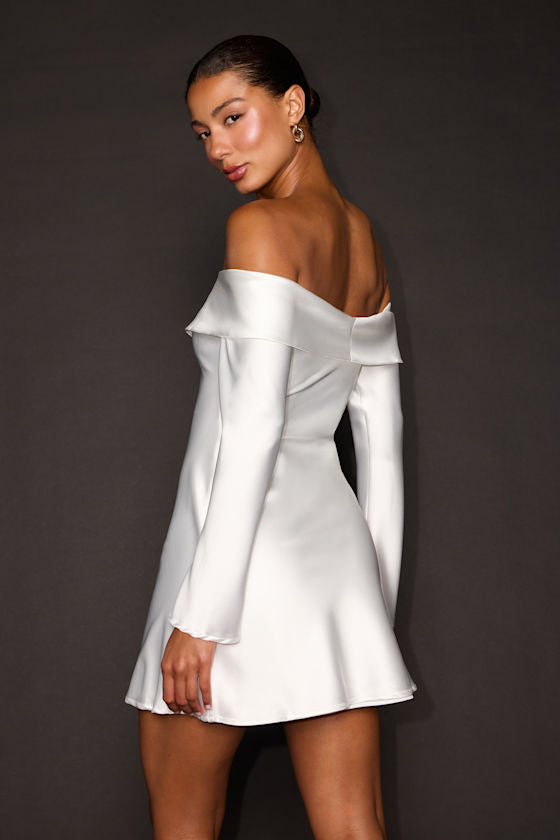 Luxurious Vision White Satin Off-the-Shoulder Mini Dress