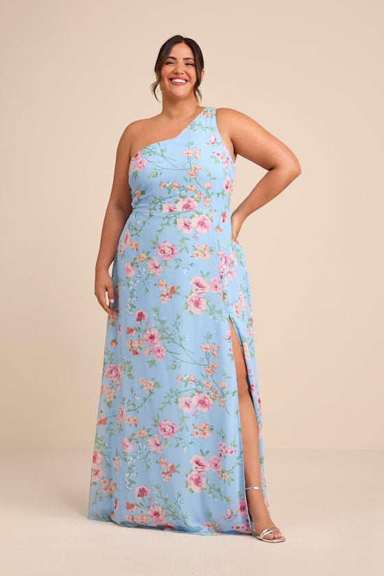 Elegant Admiration Light Blue Floral One-Shoulder Maxi Dress