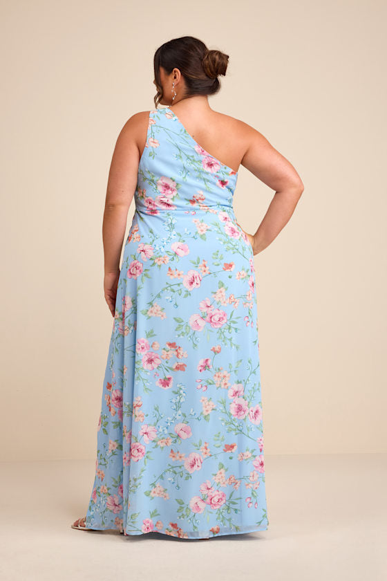 Elegant Admiration Light Blue Floral One-Shoulder Maxi Dress
