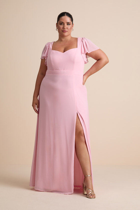 Simply Delightful Pink Tie-Back Flutter Sleeve Maxi Dress