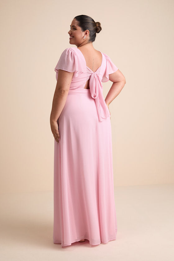 Simply Delightful Pink Tie-Back Flutter Sleeve Maxi Dress