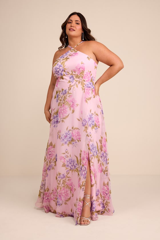 Romantic Marvel Light Pink Floral Print Halter Neck Maxi Dress