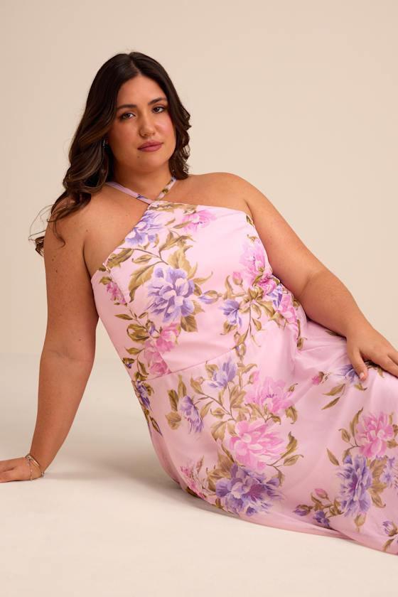 Romantic Marvel Light Pink Floral Print Halter Neck Maxi Dress