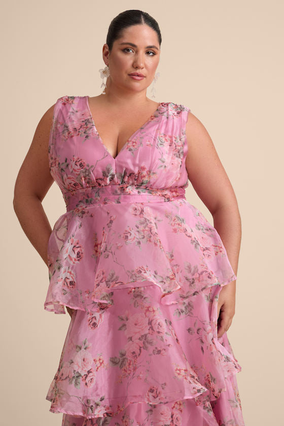 Garden Radiance Pink Floral Print Organza Tiered Maxi Dress