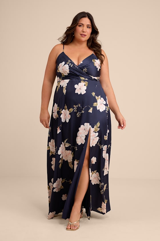 Radiant Occasion Navy Blue Floral Satin A-Line Maxi Dress