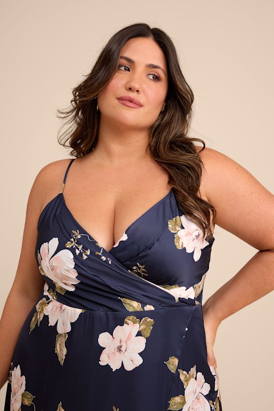 Radiant Occasion Navy Blue Floral Satin A-Line Maxi Dress
