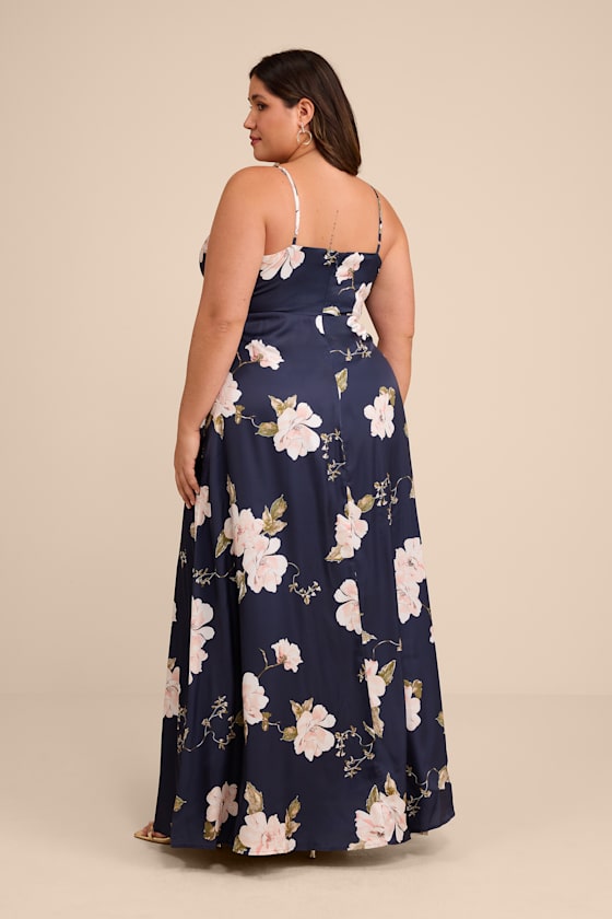Radiant Occasion Navy Blue Floral Satin A-Line Maxi Dress
