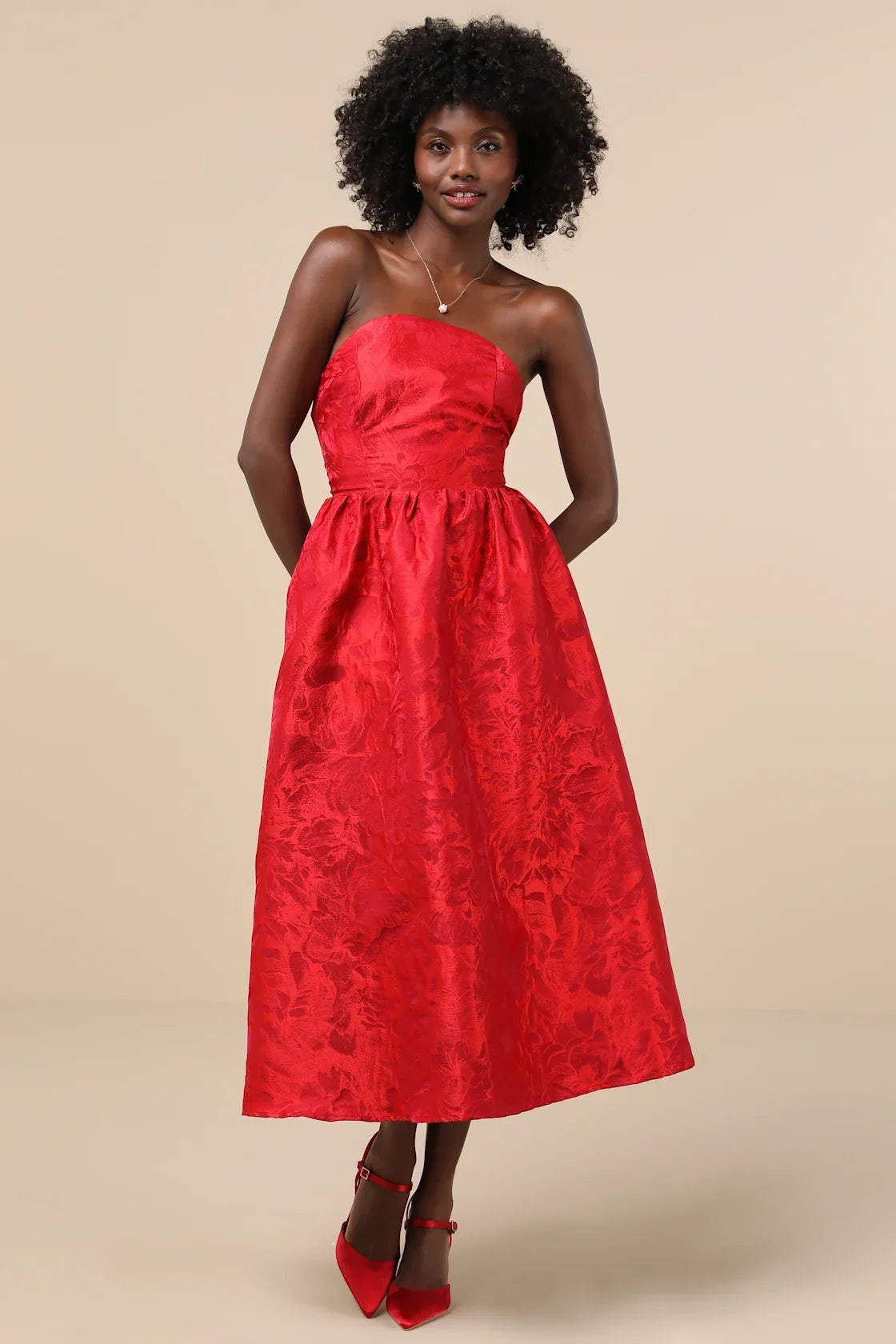 Picturesque Icon Red Jacquard Lace-Up Strapless Midi Dress