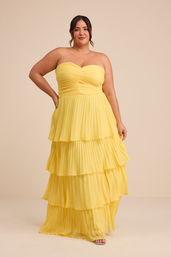 Seriously Sensational Yellow Strapless Tiered Maxi Dress