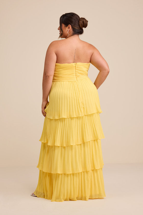 Seriously Sensational Yellow Strapless Tiered Maxi Dress