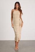 Blissful Strolls Beige Crochet Faux-Wrap Halter Midi Dress