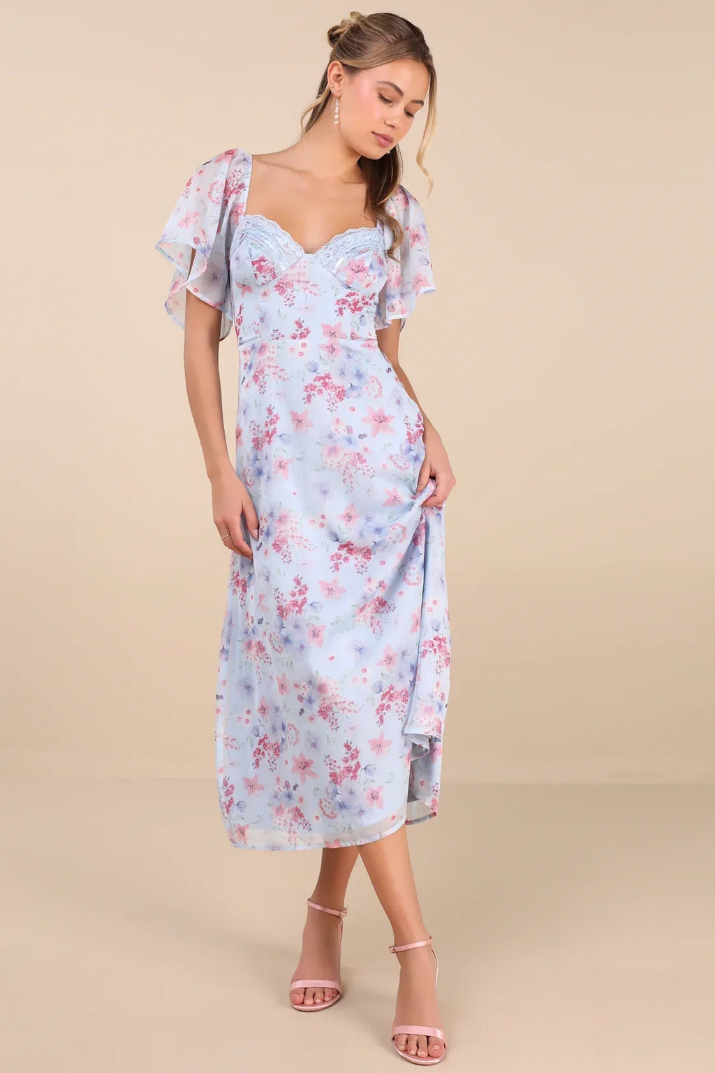 Valla Light Blue Floral Flutter Sleeve Midi Dress