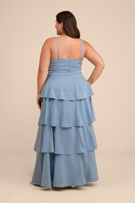 Going with Elegance Slate Blue Satin Tiered Gown