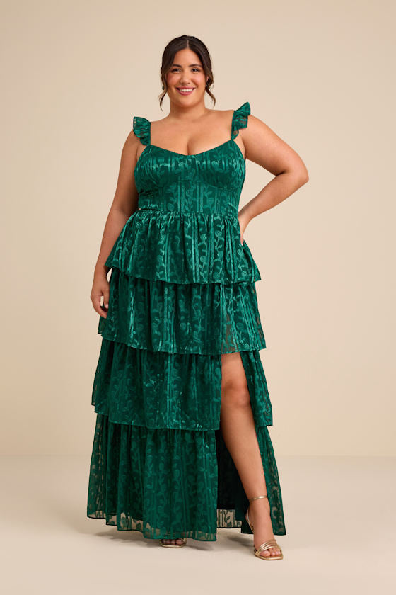 Stunning Glory Hunter Green Floral Jacquard Tiered Maxi Dress