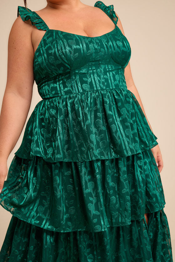 Stunning Glory Hunter Green Floral Jacquard Tiered Maxi Dress