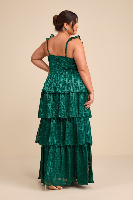 Stunning Glory Hunter Green Floral Jacquard Tiered Maxi Dress