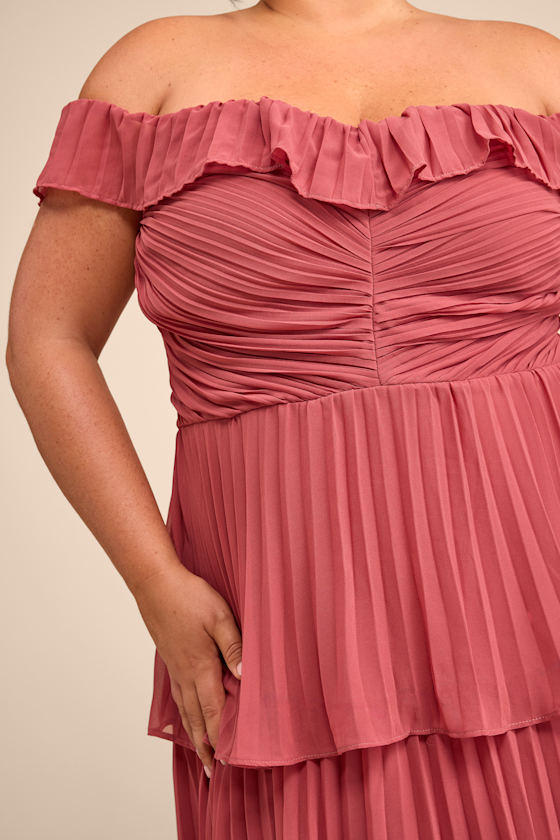 Always Remarkable Rusty Rose Pleated Off-the-Shoulder Maxi Dress