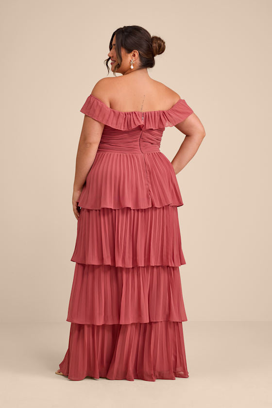 Always Remarkable Rusty Rose Pleated Off-the-Shoulder Maxi Dress