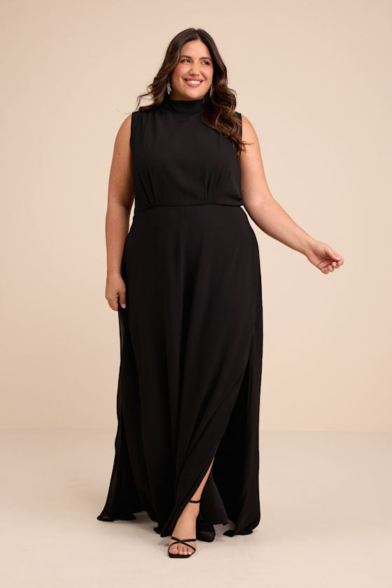 Classic Elegance Black Chiffon Sleeveless Mock Neck Maxi Dress
