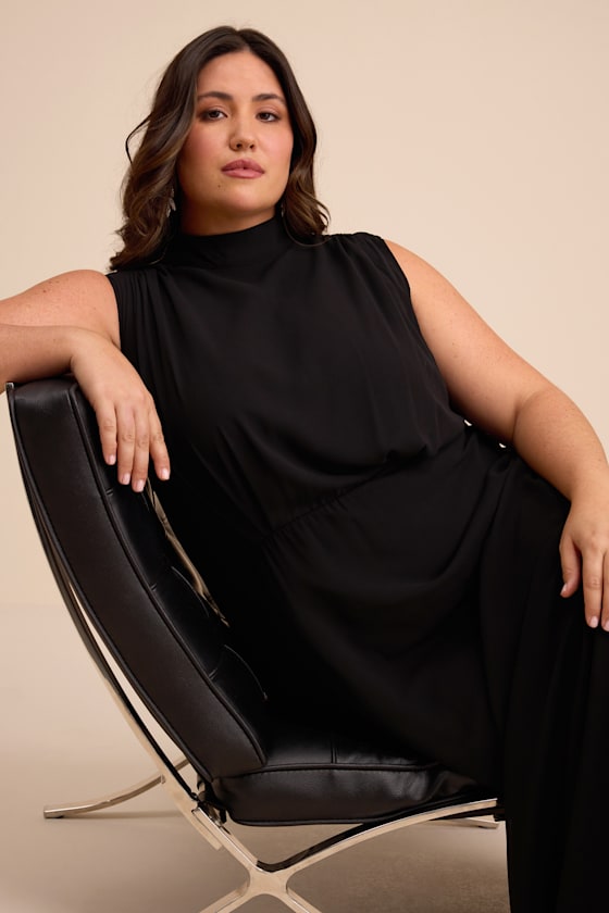 Classic Elegance Black Chiffon Sleeveless Mock Neck Maxi Dress