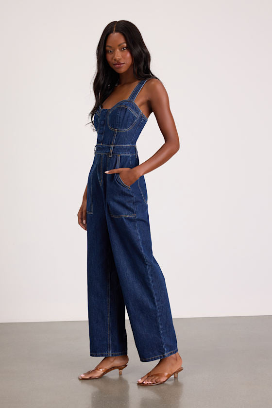 Fresh Perfection Dark Wash Bustier Sleeveless Denim Jumpsuit