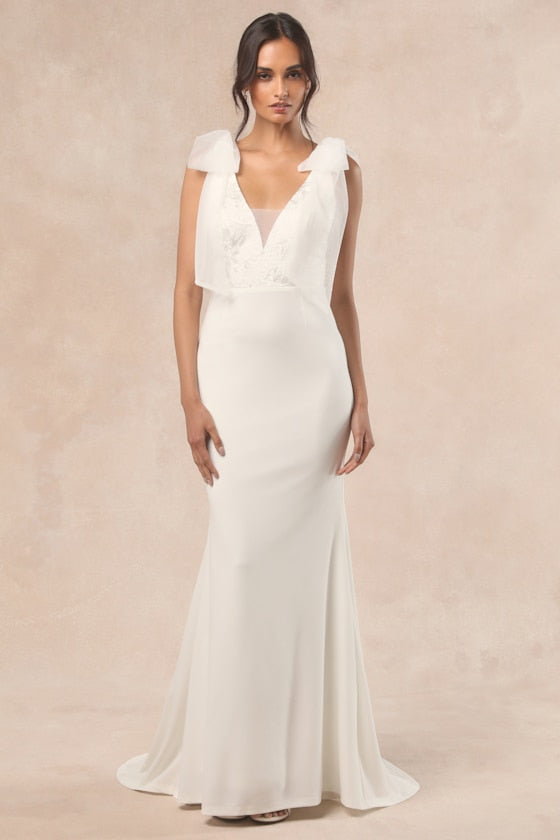 Desiree White Tie-Strap Jacquard Mermaid Maxi Dress