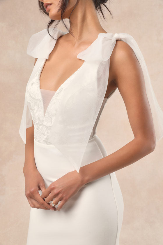 Desiree White Tie-Strap Jacquard Mermaid Maxi Dress
