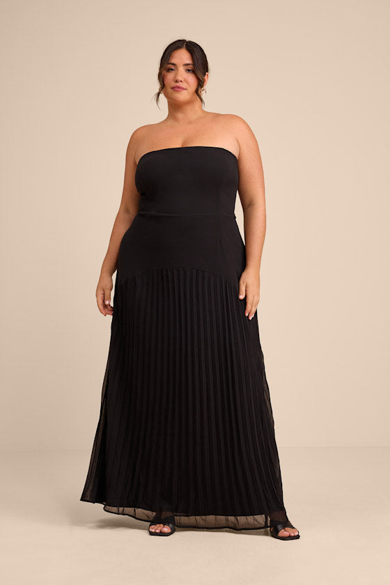 Celebratory Aesthetic Black Pleated Strapless Maxi Dress