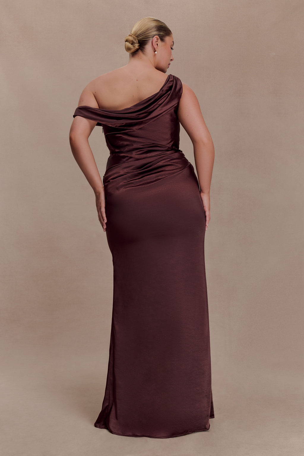 Dalia Off Shoulder Satin Maxi Dress - Dark Chocolate