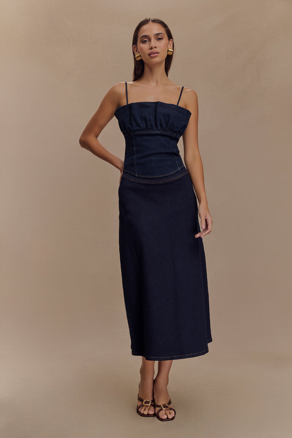 Cecilia Denim A-Line Midi Skirt - Indigo Blue