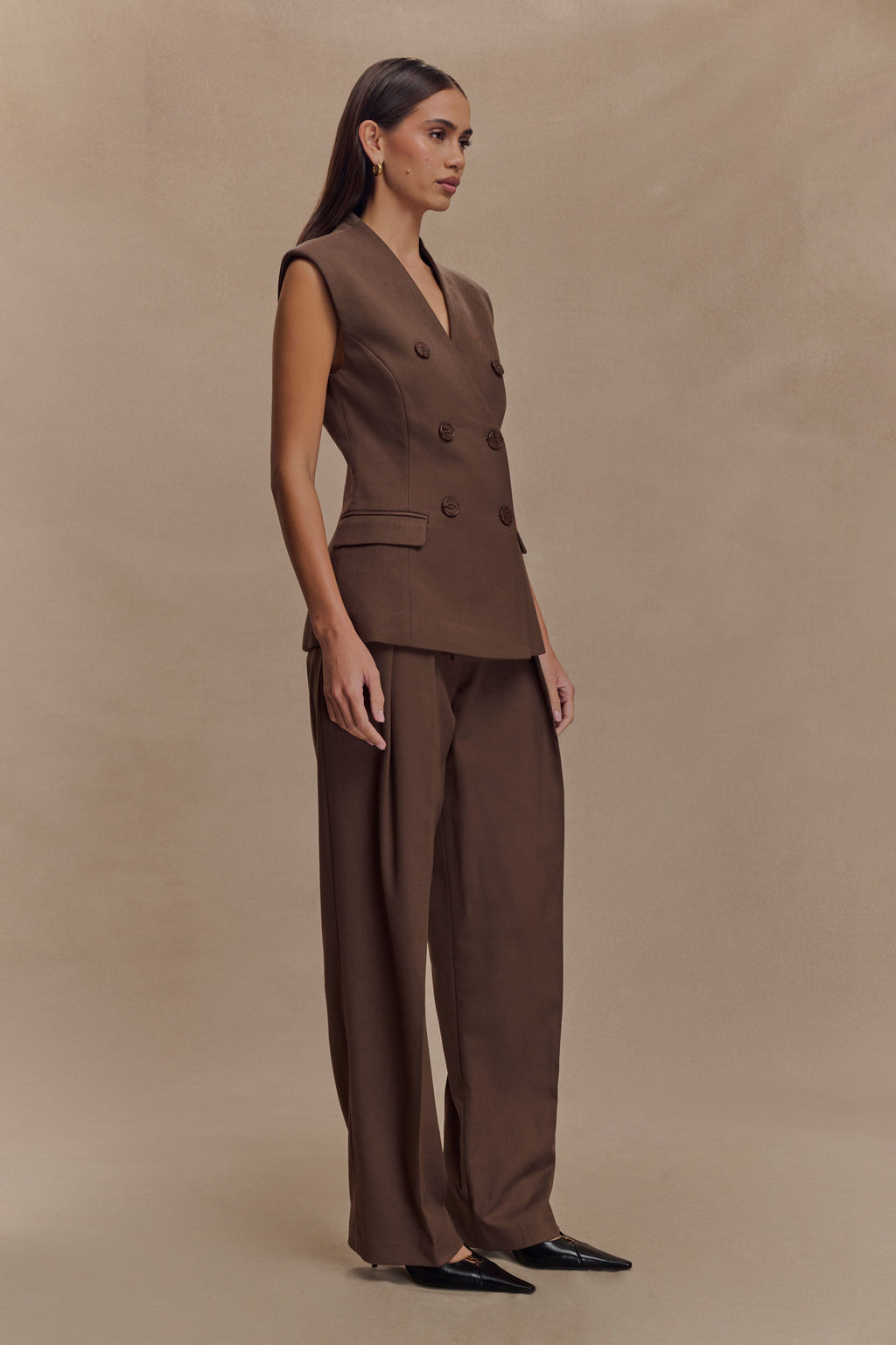 Penelope Pleated High Waisted Pants - Chocolate