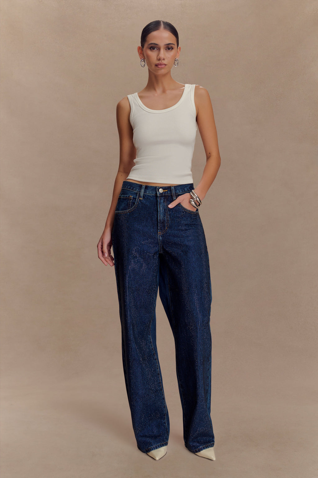 Laina Mid Rise Diamante Denim Jeans - Midnight Blue