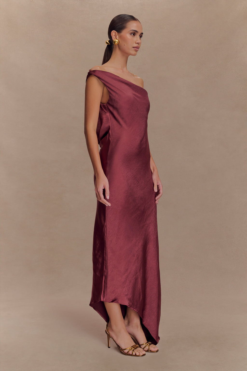 Yvette Slip Maxi Dress With Asymmetrical Hem - Brown Cherry