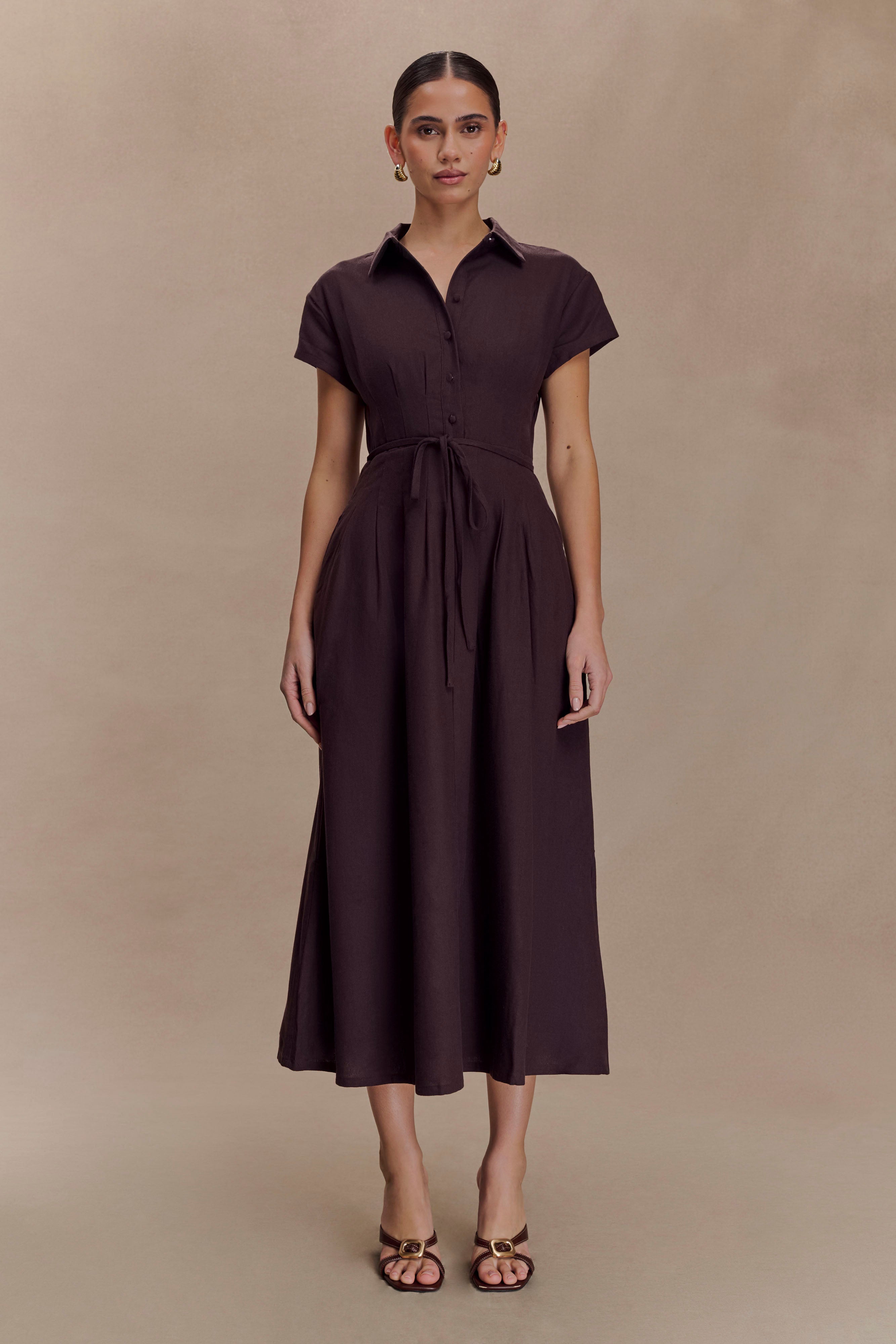 Aysha Buttoned Linen Midi Dress - Chocolate