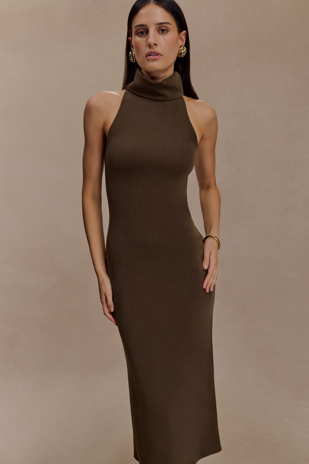 Kennedy High Neck Midi Dress - Chocolate