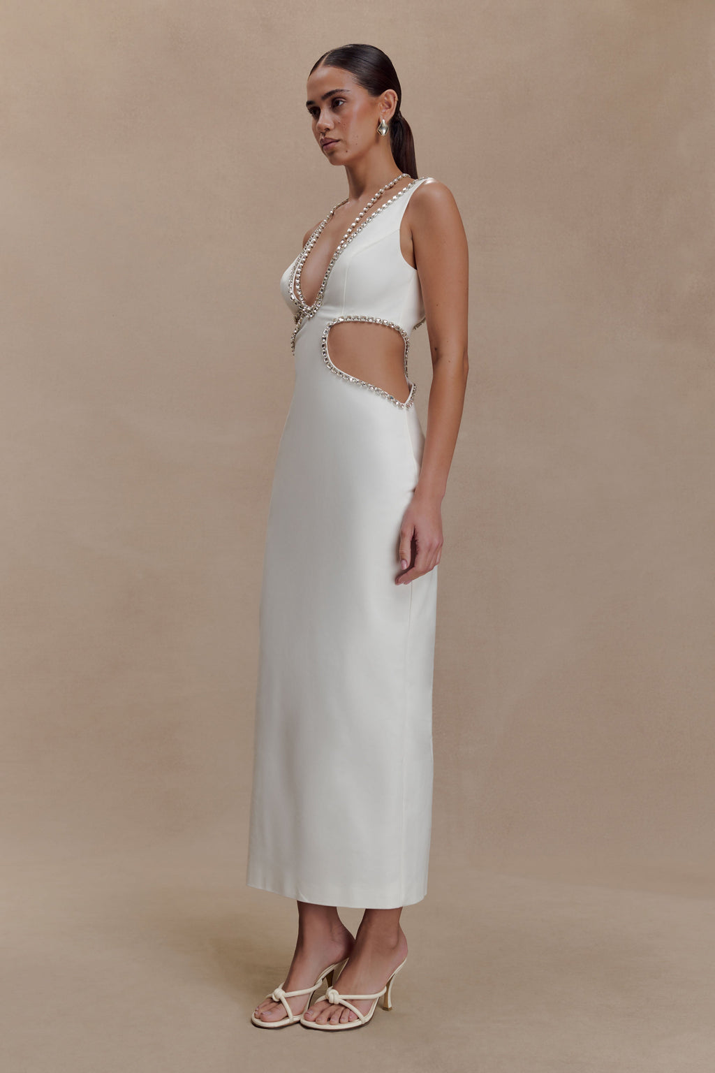 Henny Diamante Trim Cut Out Midi Dress - White