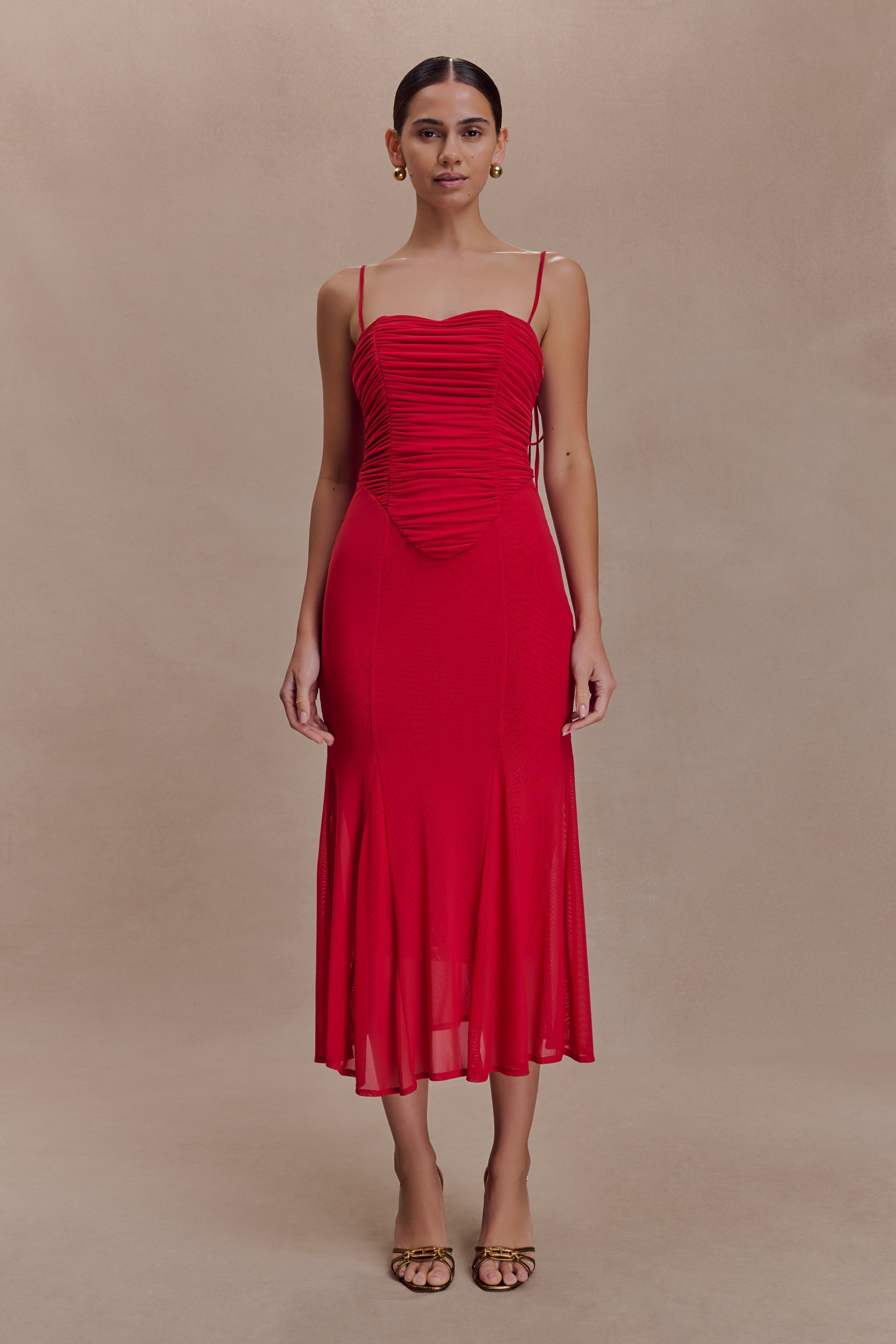 Willa Gathered Mesh Midi Dress - Ruby