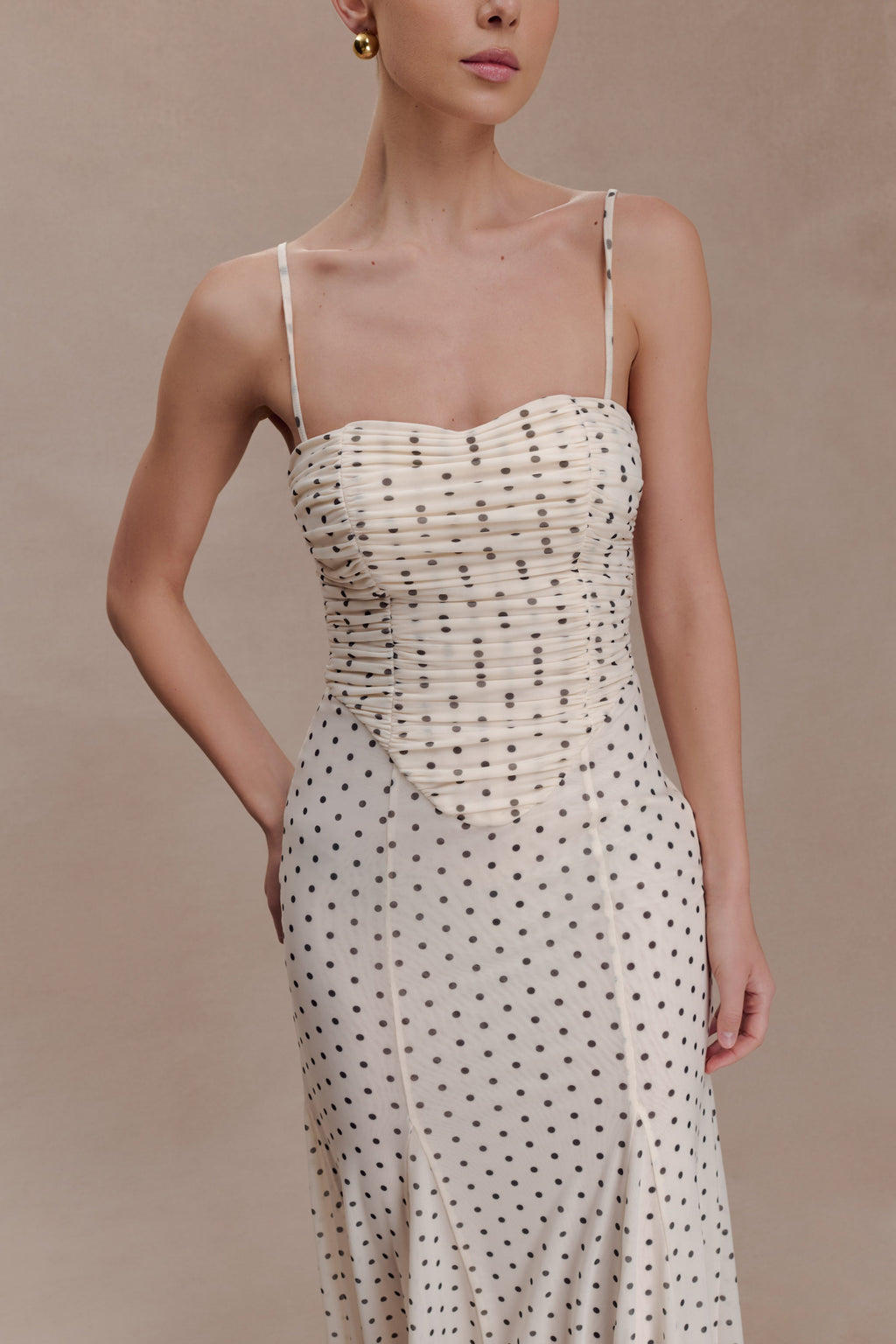 Willa Gathered Mesh Midi Dress - Polka Dot