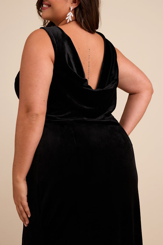 Ravishing Poise Black Velvet Cowl Back Sleeveless Maxi Dress