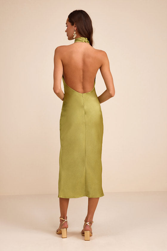 Beyond Classy Chartreuse Satin Halter Midi Dress