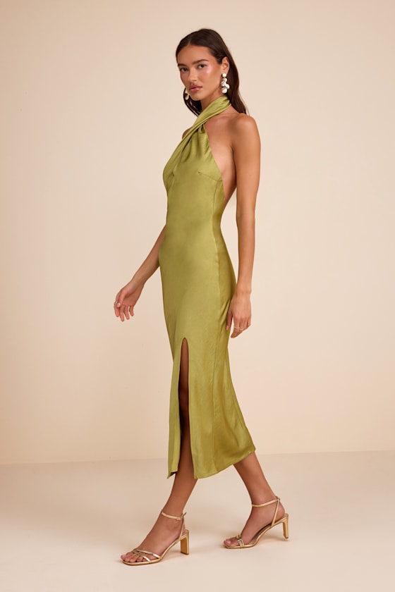 Beyond Classy Chartreuse Satin Halter Midi Dress
